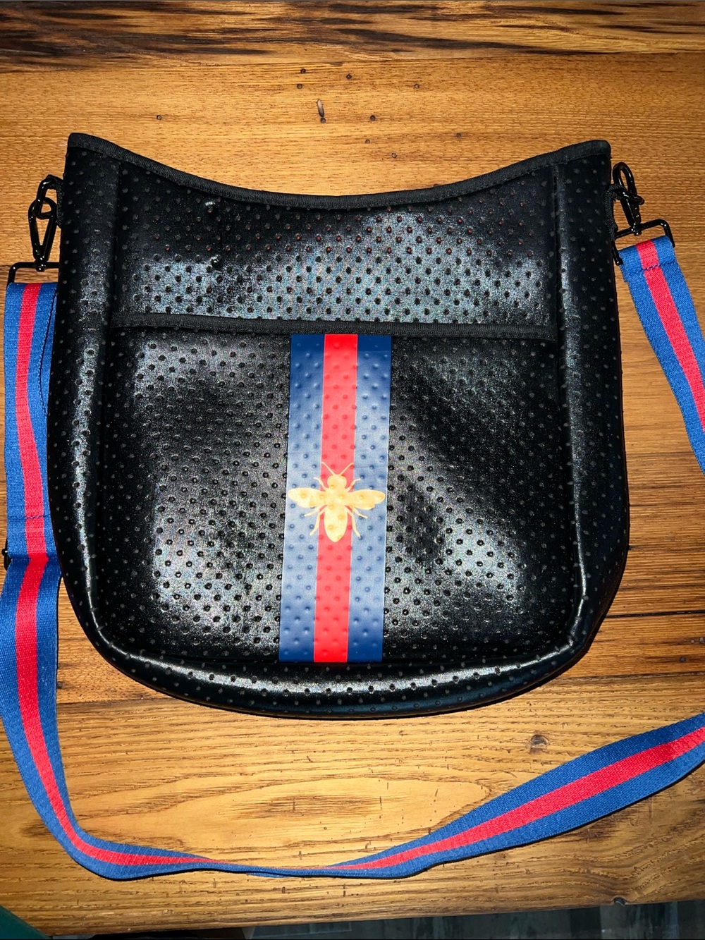 Parker & Hyde Perforated Black Crossbody Bag with Red & Blue Stripe neoprene